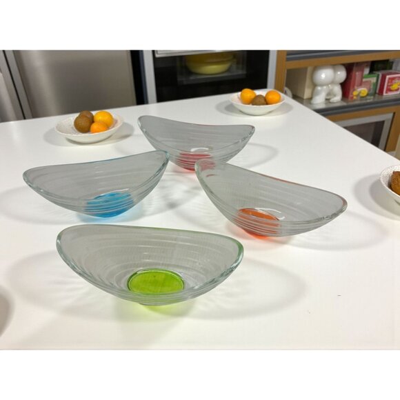 vintage 2pc. salad/desert bowl set boat shaped clear ribbed glass with green and - Picture 2 of 8